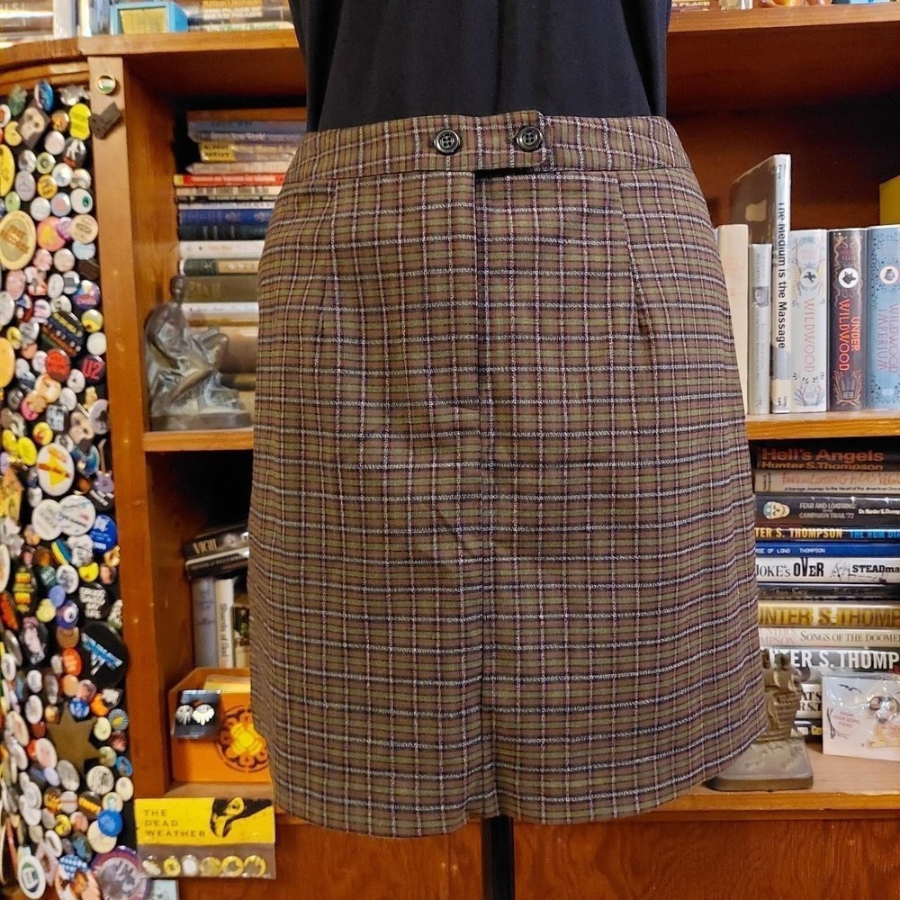 Vintage My Michelleโ Plaid Mini Skirt Green Black Brown Button Detail Size 9/10